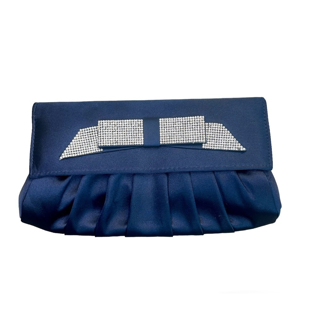 Sergio Feretti navy blue satin crystal rhinestone diamonte bow clutch purse